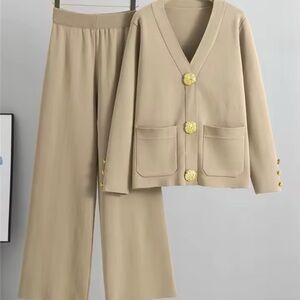 NWOT Elegant Beige Women's Gold Button Cardigan & Pants Set